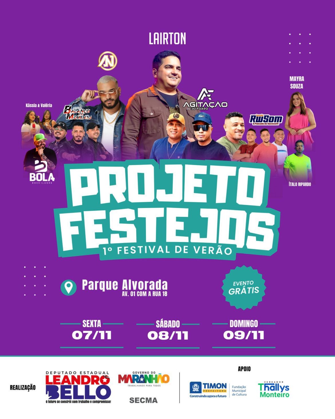 Leandro Bello e Thallys Monteiro realizam o 1º Festival de Verão do Parque Alvorada em Timon com grandes atrações musicais