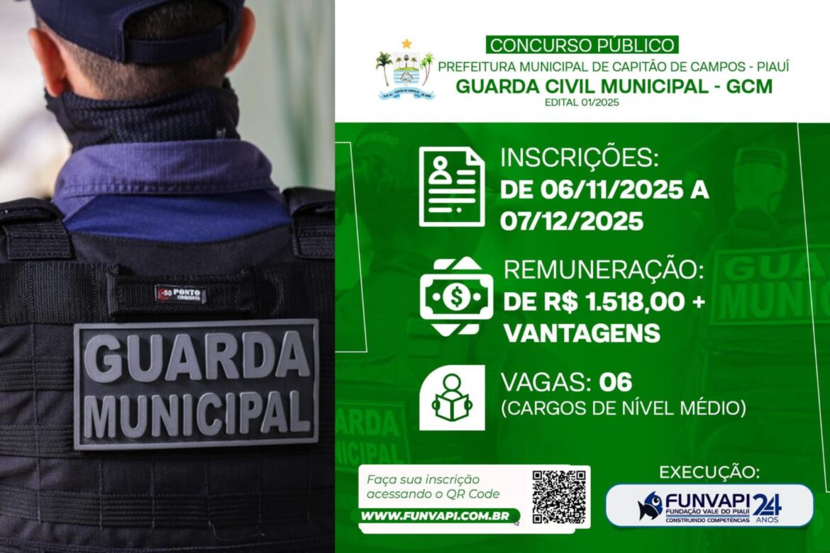Prefeitura de Capitão de Campos abre concurso público para Guarda Civil Municipal