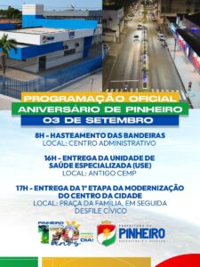 É nesta quinta-feira (03) – Pinheiro celebra 170 anos com entrega de obras, novos equipamentos, desfile e grandes shows
