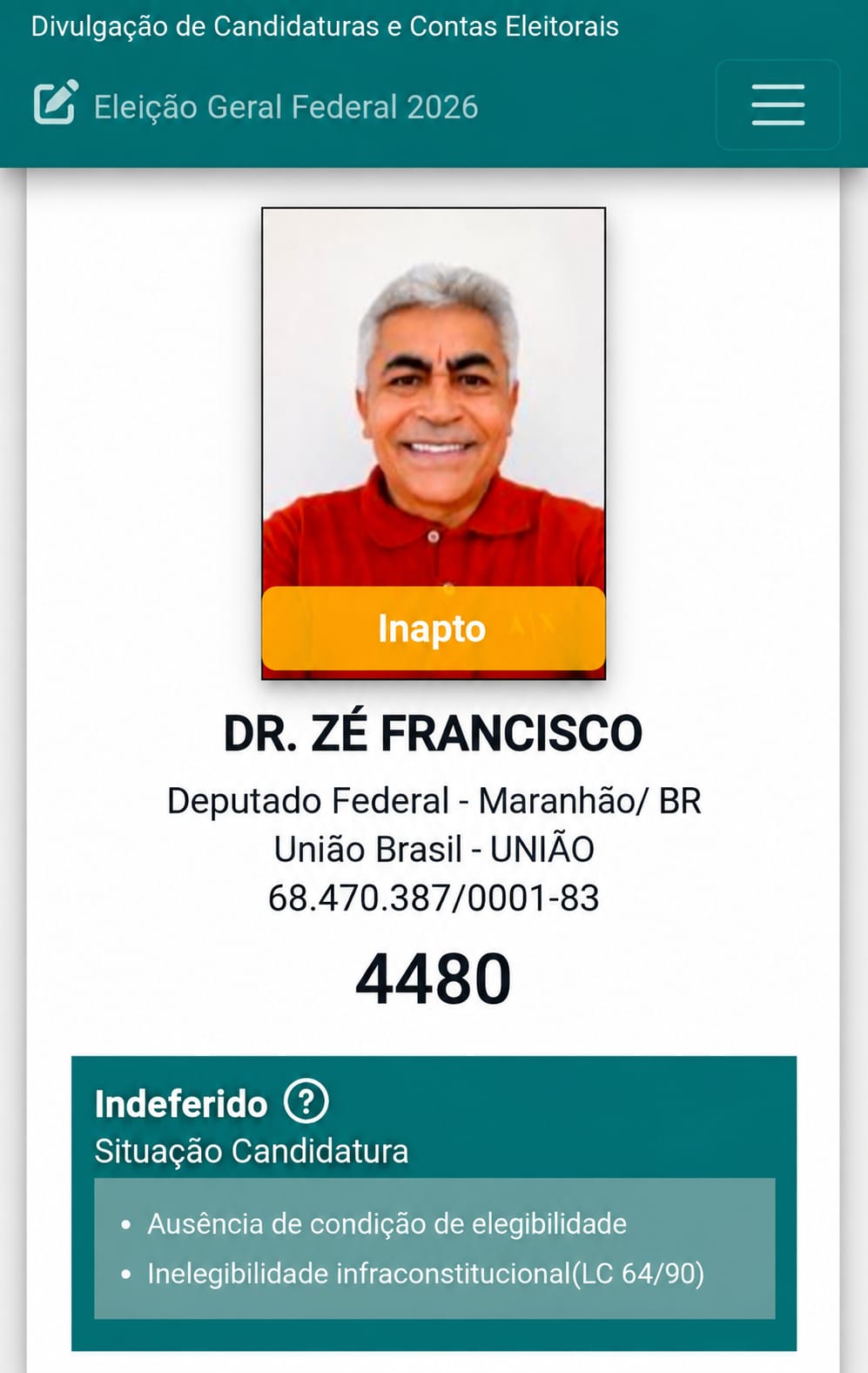 Dr. Zé Francisco aparece como “inapto” no sistema do TSE após ter registro de candidatura indeferido – Portal do Sampaio