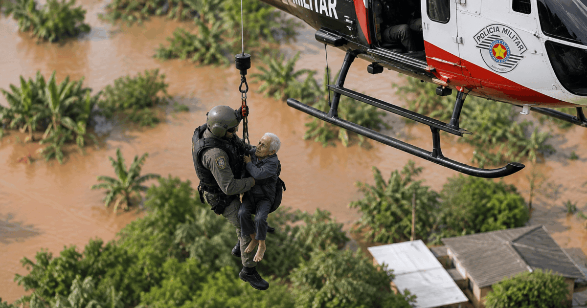 Idoso de 100 anos é resgatado de helicóptero após ficar ilhado em SP