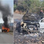Carro pega fogo e fica destruído após motorista perder o controle da direção em São Luís