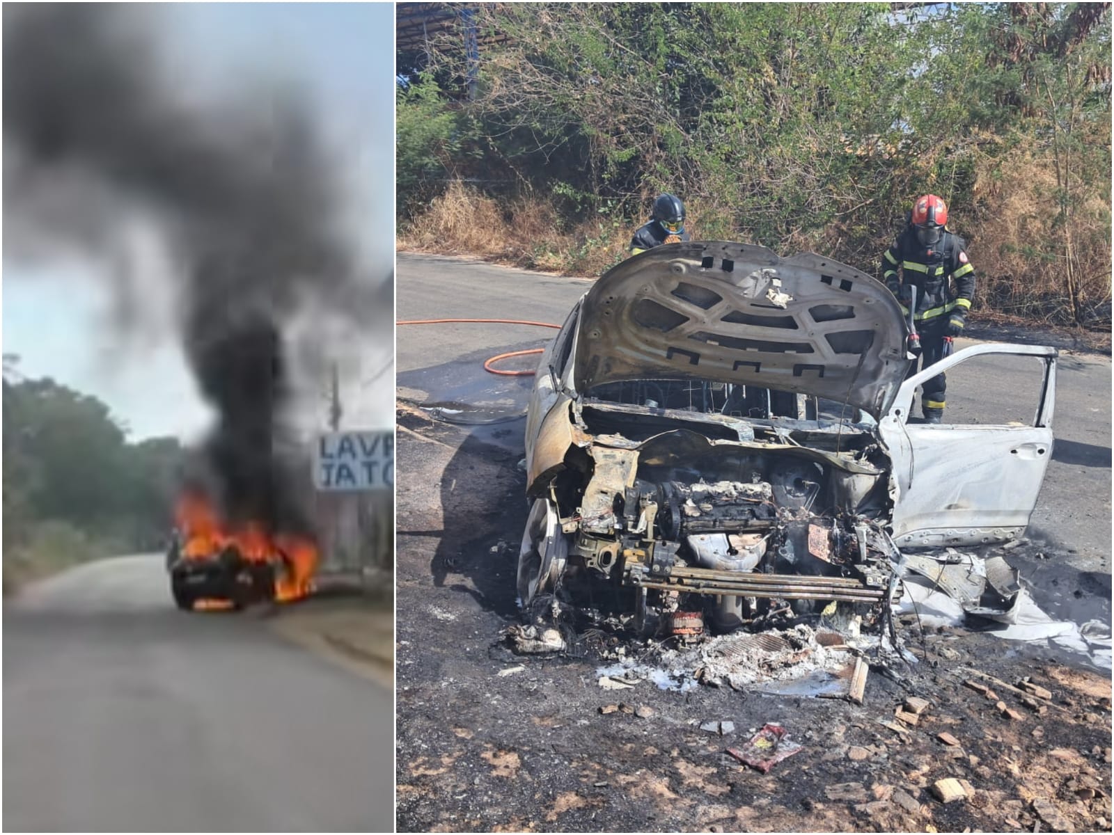 Carro pega fogo e fica destruído após motorista perder o controle da direção em São Luís