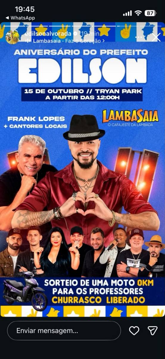 Prefeito Edilson da Alvorada comemora aniversário nesta quinta-feira com show e sorteio de motos para professores Prefeito Edilson da Alvorada comemora aniversário nesta quinta-feira com show e sorteio de motos para professores